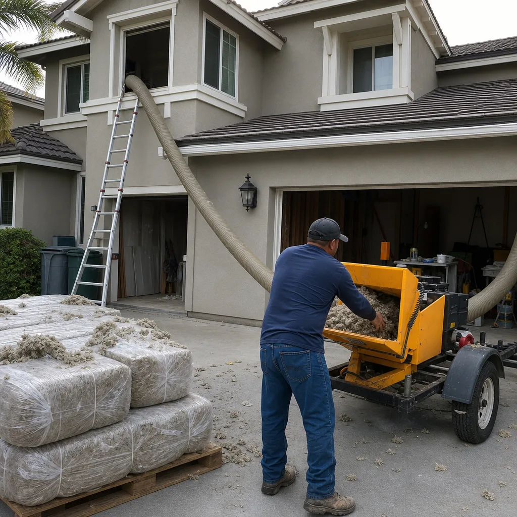 Technician using a machine to install blown-in insulation into a home