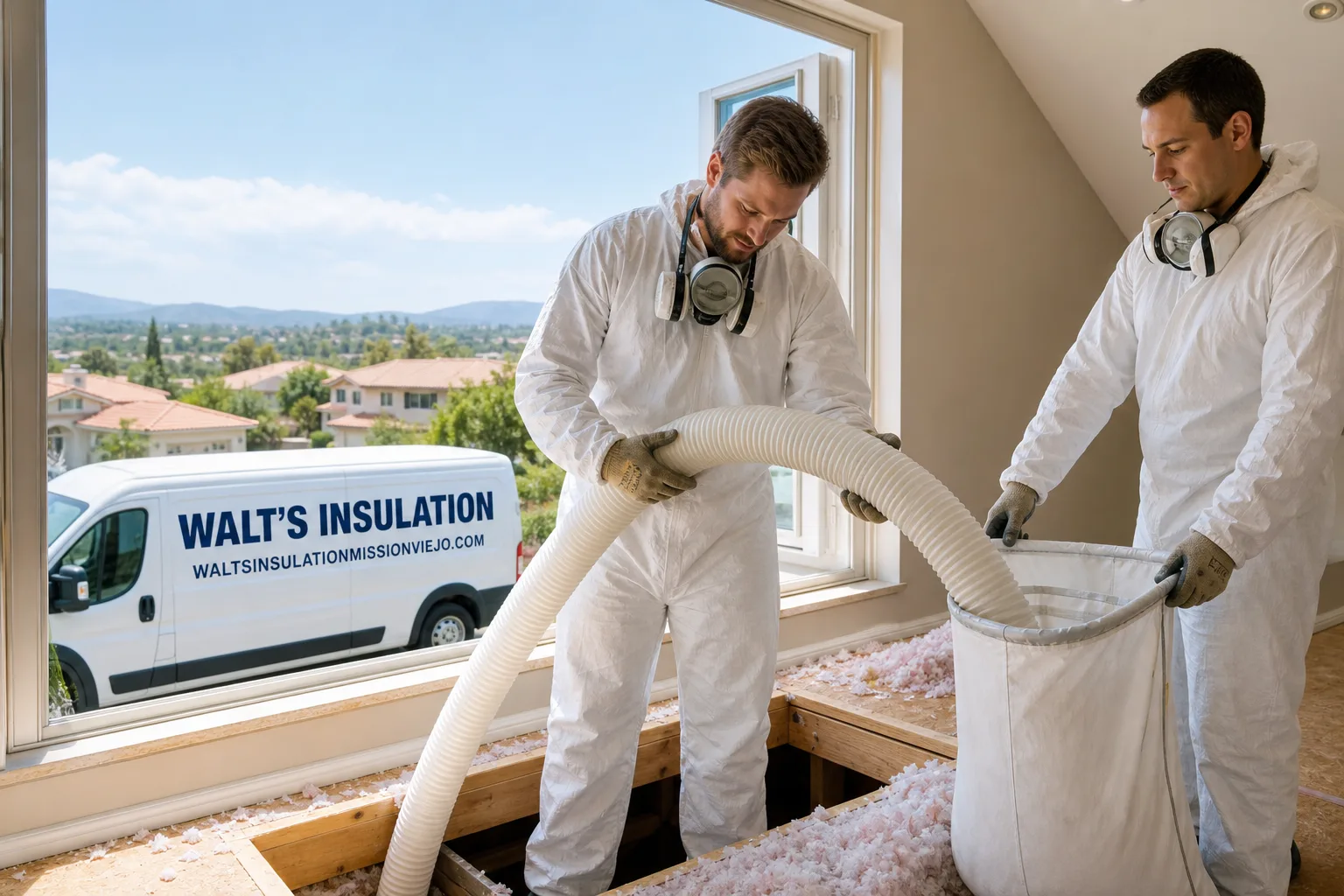 Walt's Insulation insulation service vehicle and crew in Mission Viejo, CA