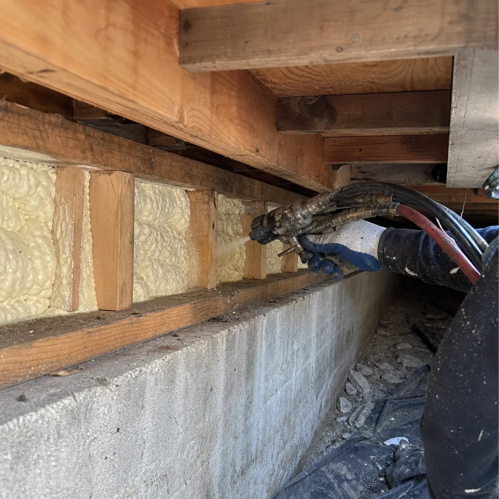 Contractor applying professional spray foam insulation to home crawl space rim joist.