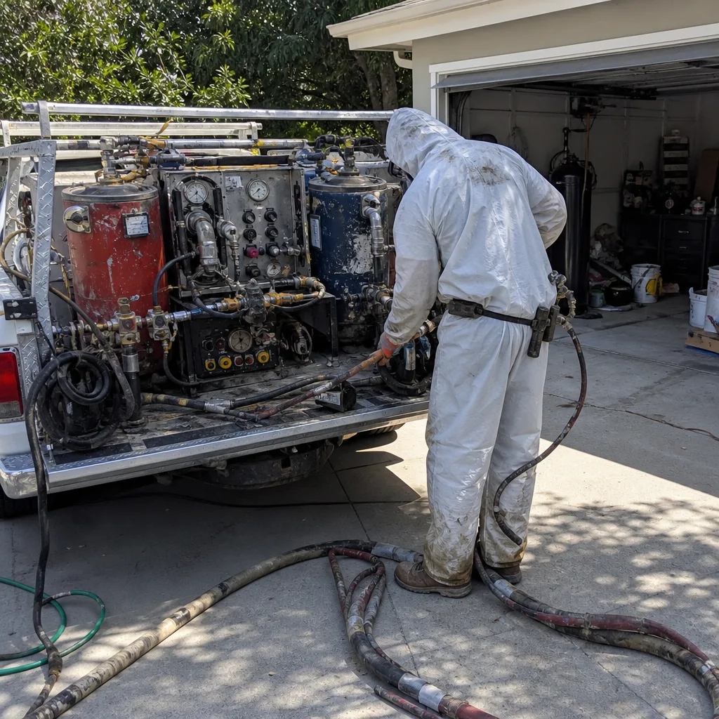 Technician using professional spray foam insulation equipment from truck